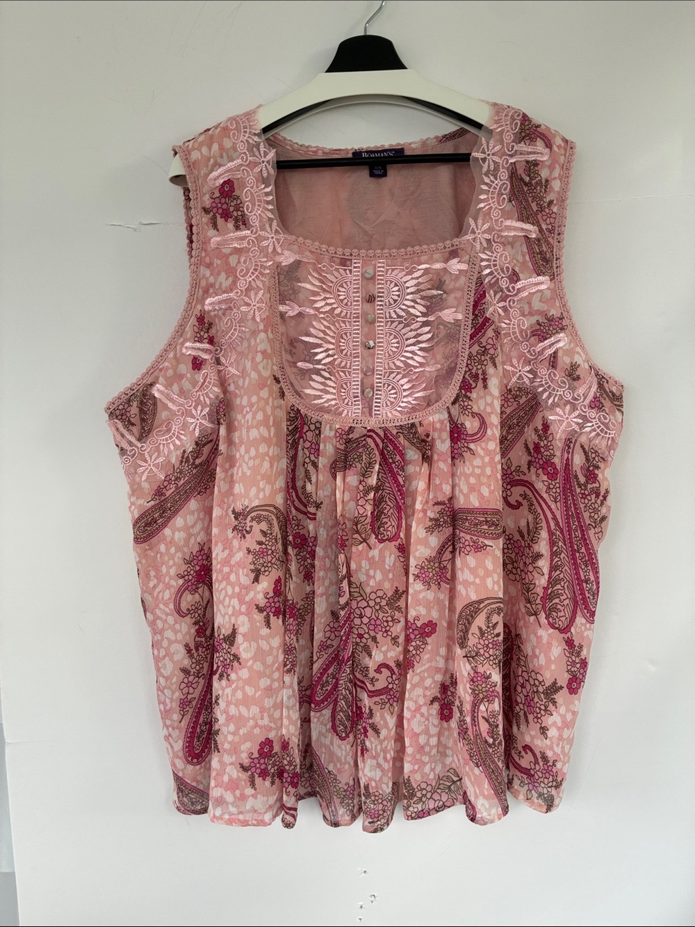 Roaman's Pink Paisley Embroidered Sleeveless Tank Top 32W